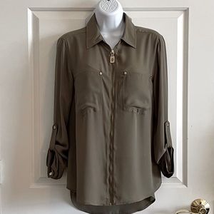 MICHAEL KORS Safari Green Gold Zip Blouse NWT